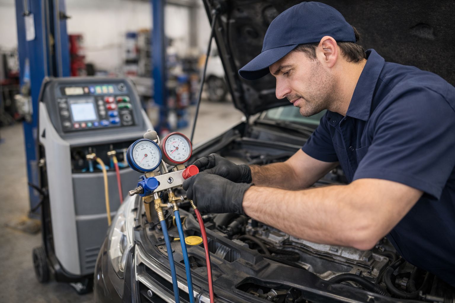 Tecnico al lavoro su impianto di climatizzazione auto
